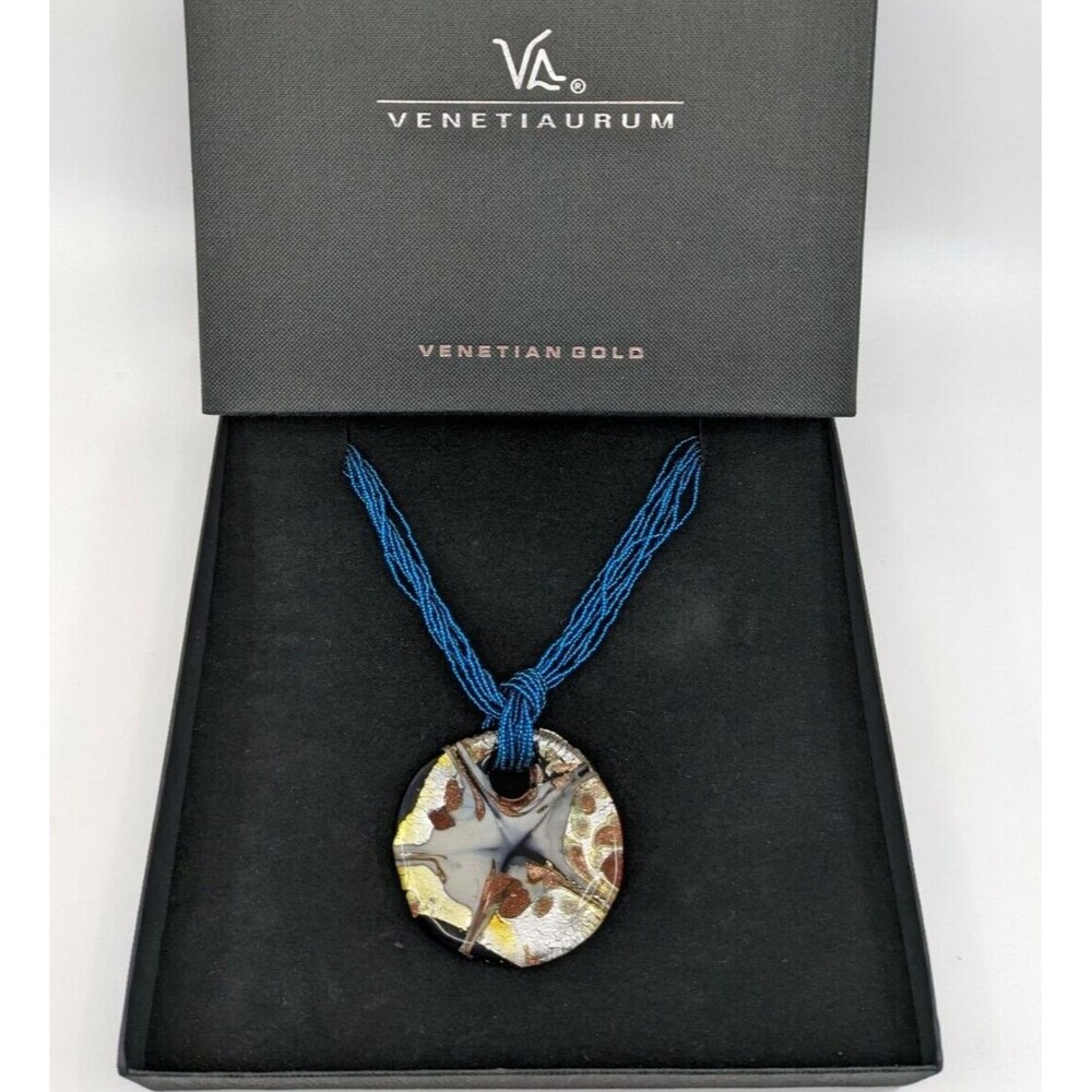 Venetiaurum Art Glass Pendant 8 Strand Bead Necklace Blue Gold White Signed .925